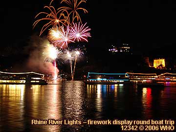 Firework display round boat trip Rhine River Lights, Golden wine autumn and Swimming Federweisser vintage festival on the Middle Rhine River in Germany