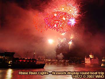 Firework display round boat trip Rhine River Lights, Red wine festival in Bacharach in Germany