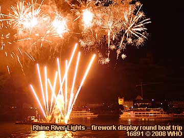 Firework display round boat trip Rhine River Lights, Rhine River meadow festival in Bacharach, in Germany.