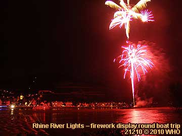 Firework display round boat trip Rhine River Lights, Red wine festival in Assmannshausen in Germany