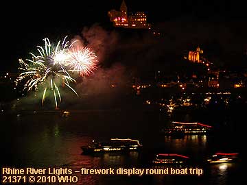 2 firework displays round boat trip Rhine River Lights, Wine festival summer night in Bacharach, Germany.