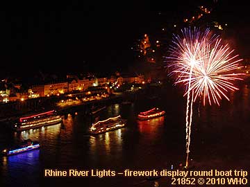 Firework display round boat trip Rhine River Lights, Golden wine autumn and Swimming October festival on the Middle Rhine River in Germany
