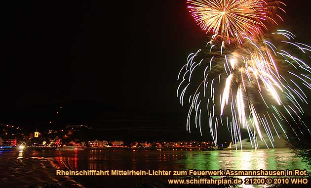 Firework display round boat trip Rhine River Lights, Red wine festival in Assmannshausen in Germany