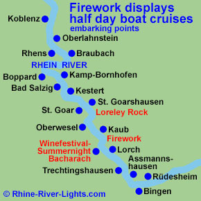 Rhine River Lights boat cruise to the wine festival summer night in Bacharach and firework display on the Rhine River